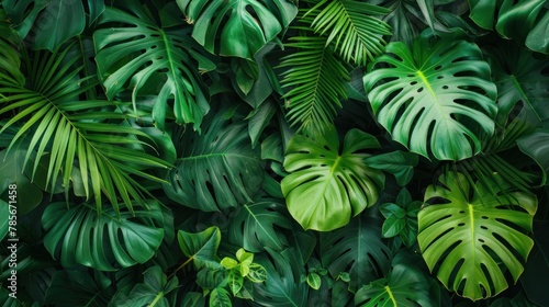 Lush greenery in a tropical jungle  with dark green leaves.