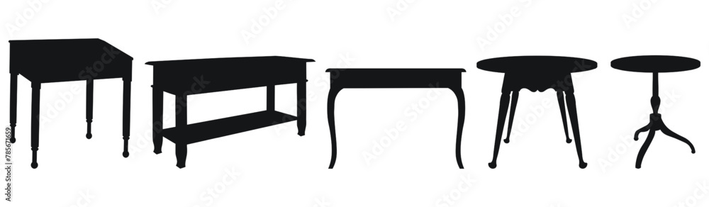 Black single silhouette of a desk, dinner table, dressing table, desktop, kitchen table. Piece of furniture Black single silhouette of a desk, dinner table, dressing table, desktop, kitchen table. Piece of furniture