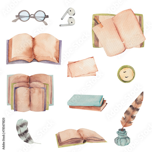 Set of watercolor cozy illustration on literature and book theme, stack of books, candle, vintage books, for book lovers, isolated hand drawn clipart on white background (ID: 785671820)