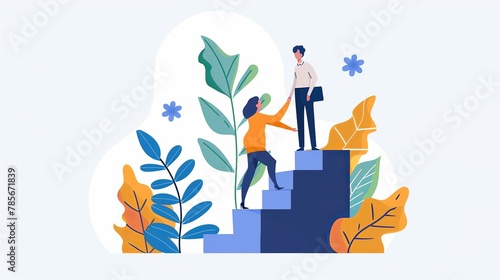 Business mentor helps to improve career and holding stairs steps vector illustration