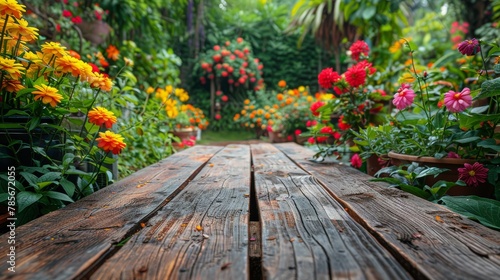 Wooden Table in Garden With Flowers