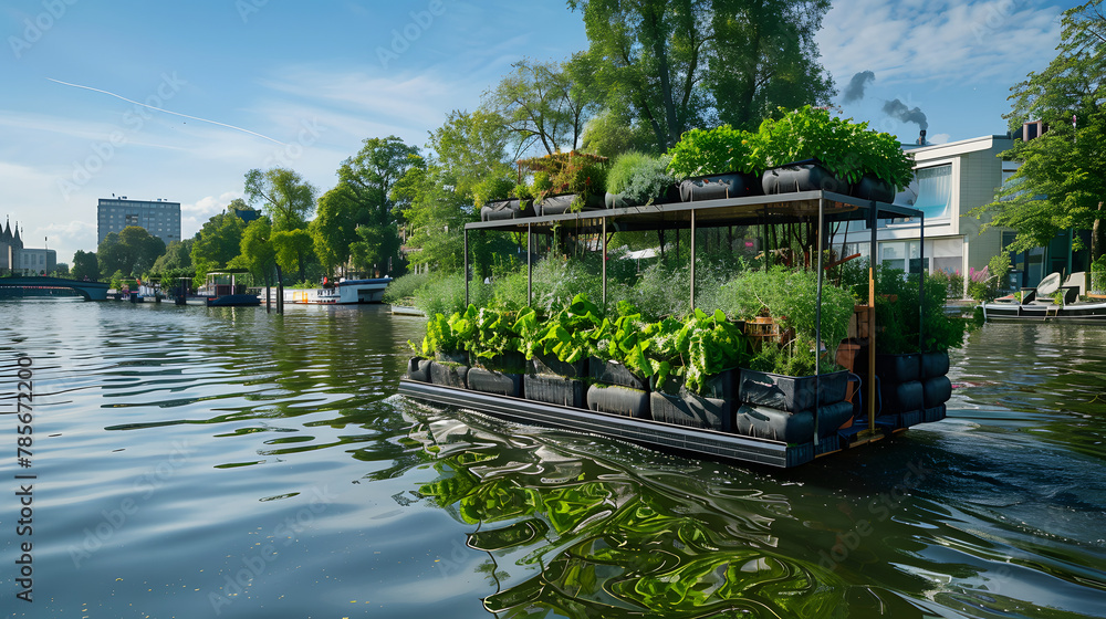 A floating agricultural lab on a river testing and demonstrating hydroponic farming techniques for urban food production. A floating agricultural lab on a river testing and demonstrating hydroponic farming techniques for urban food production.