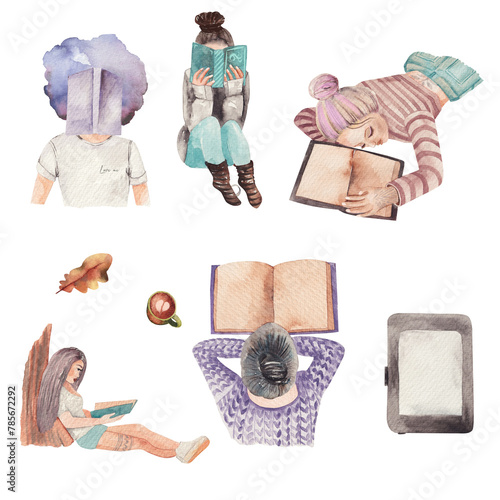 Set of watercolor illustration on literature and book theme, reading girl, book lovers, isolated hand drawn clipart on white background (ID: 785672292)
