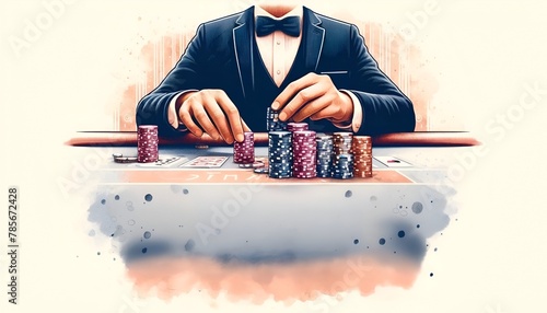 Watercolor illustration of male hands of bookie in casino sorting casino chips © Marinnai