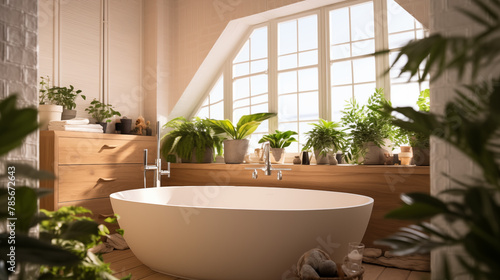 Baignoire dans une salle de bain style scandinave  avec bois  fen  tres et plantes. Naturel  clair  lumineux. Bien-  tre  douche  salle d eau. Pour conception et cr  ation graphique.