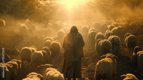 Jesus Christ Shepherd herding sheep at sunrise across the pasture