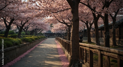 An ultra detailed, realistic, digital art, featuring Cherry Blossom Season: Capture the ethereal beauty of Japan's sakura (cherry blossom) season, showcasing blooming trees in iconic locations like Ky