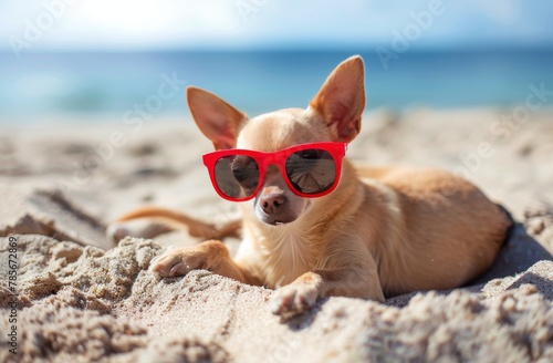 Dog Wearing Red Sunglasses on Beach © olegganko