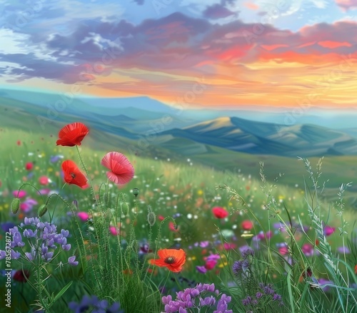 Vibrant Field of Flowers Under Sunset Sky