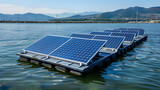 A floating solar farm on a city reservoir combining renewable energy production with water conservation.