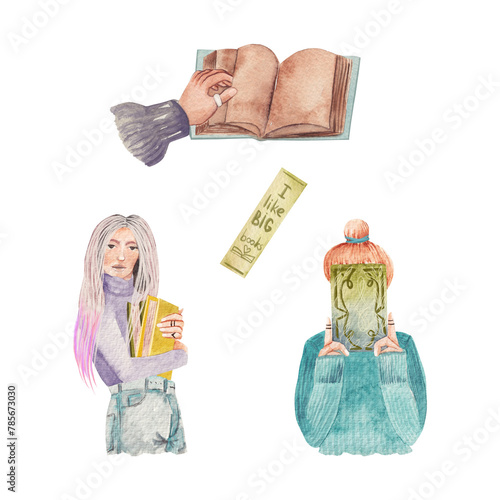 Set of watercolor illustration on literature and book theme, reading girl, book lovers, isolated hand drawn clipart on white background (ID: 785673030)