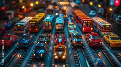 Electric toy trains and buses roll through the city streets at night