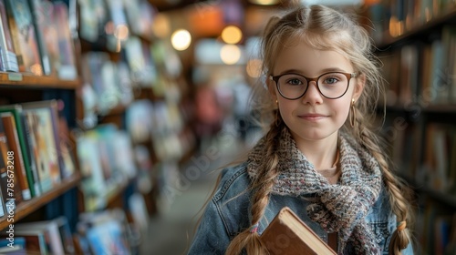 Young Girl Holding Book in Library