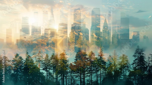 Double exposure landscape of city downtown at sunset with skyline and green summer forest