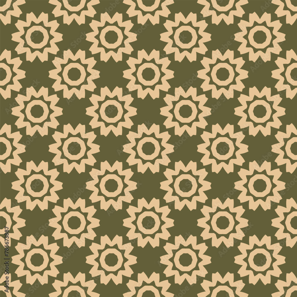 Seamless pattern with beige stylized flowers on a dark mustard background. Vector illustration