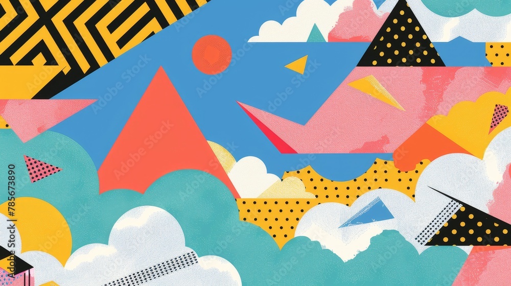 Obraz premium Flying objects in a Memphis style patterned sky AI generated illustration