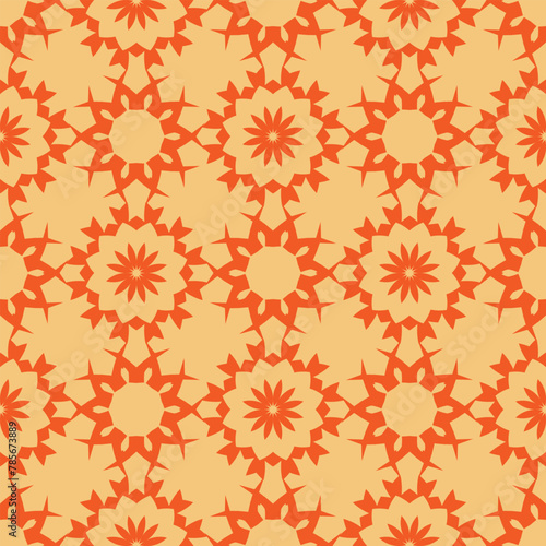 Seamless pattern with orange stylized flowers on a yellow background. Vector illustration
