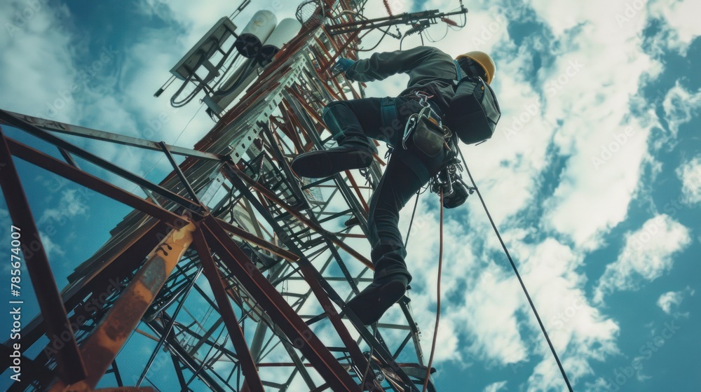 Technician climbing up a communications tower, the challenges and risks associated with working at heights in the telecommunications industry.