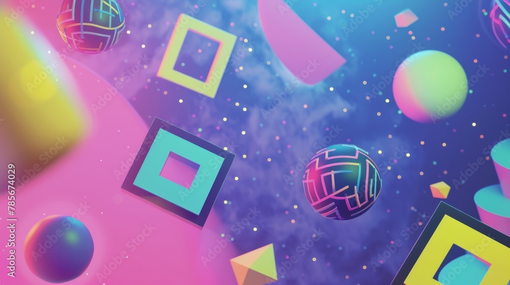 Flying objects with quirky Memphis style elements floating in space AI generated illustration Flying objects with quirky Memphis style elements floating in space AI generated illustration