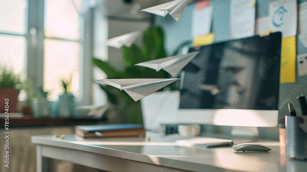 Flying paper airplanes above a desk AI generated illustration Flying paper airplanes above a desk AI generated illustration