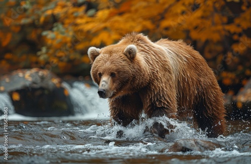 A majestic brown bear actively hunts in a rushing river against a backdrop of autumnal forest