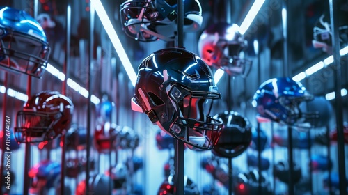Football helmets suspended in a  3d space   AI generated illustration © ArtStage