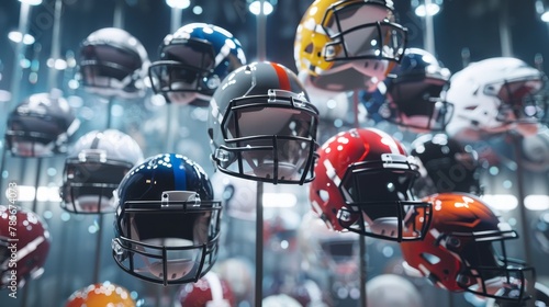 Football helmets suspended in a  3d space  AI generated illustration photo