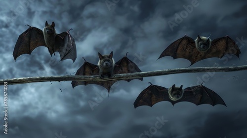 Funky bats on flying broomsticks   AI generated illustration photo
