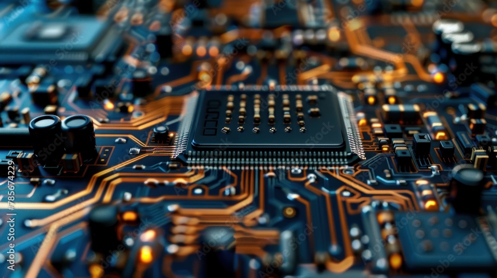 A close-up view of a printed circuit board, highlighting the intricate patterns and electronic components. A close-up view of a printed circuit board, highlighting the intricate patterns and electronic components.