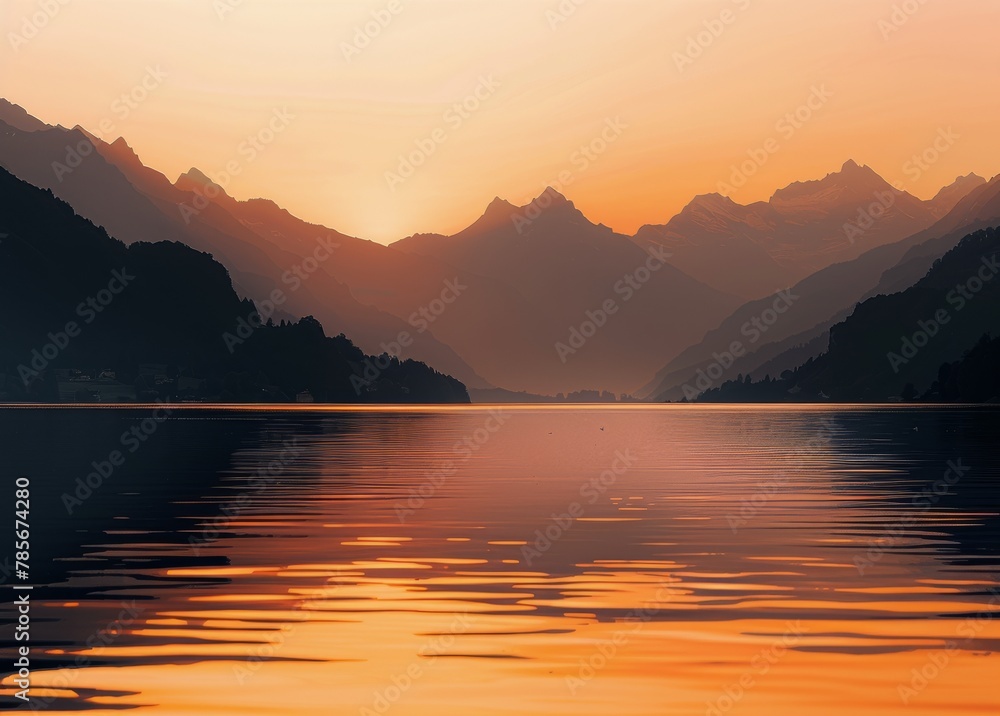 Sun Setting Over Lake With Mountains in Background Sun Setting Over Lake With Mountains in Background