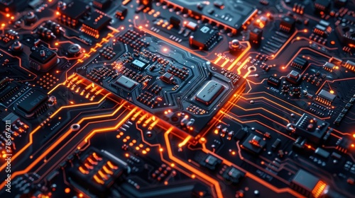 A close-up view of a printed circuit board, highlighting the intricate patterns and electronic components.