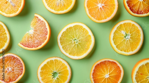 Vivid orange slices forming an enticing pattern on a green background, showcasing their juicy texture and bright color