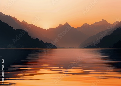 Sun Setting Over Lake With Mountains in Background