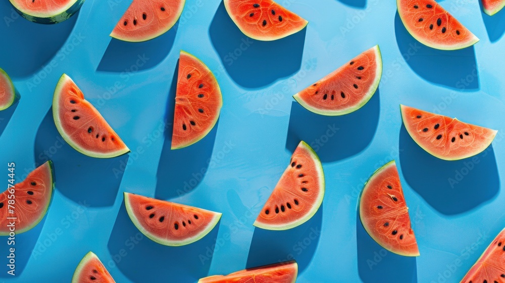 Fresh watermelon slices artistically laid out in a colorful pattern against a bright blue background Fresh watermelon slices artistically laid out in a colorful pattern against a bright blue background