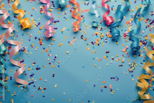 Celebratory Confetti and Streamers on Blue Background