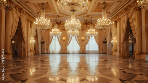 A grand ballroom with crystal chandeliers and elegant drapery. photo
