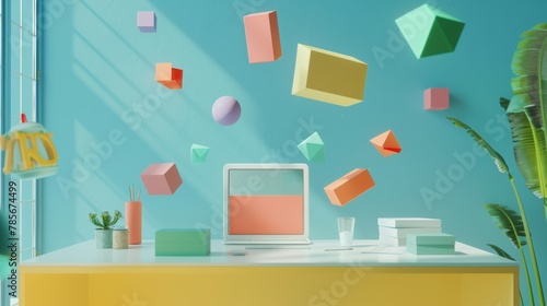 Geometric shapes in 3d floating above a desk AI generated illustration