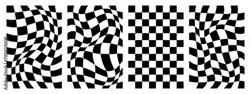Retro psychedelic black white checkerboard vector backgrounds set. Groovy wavy y2k checkered prints