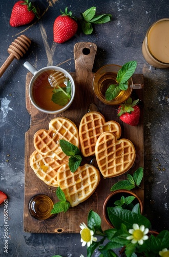 Fresh Strawberry Topped Waffle on Cutting Board