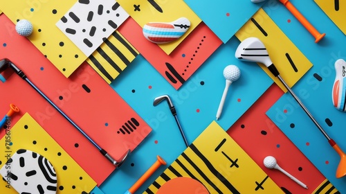 Golf clubs and tees in a vibrant Memphis-inspired pattern AI generated illustration