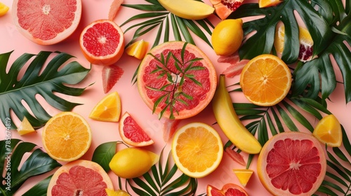 Closeup view of freshly cut and whole ripe oranges  beautifully contrasted against a background of vibrant green leaves