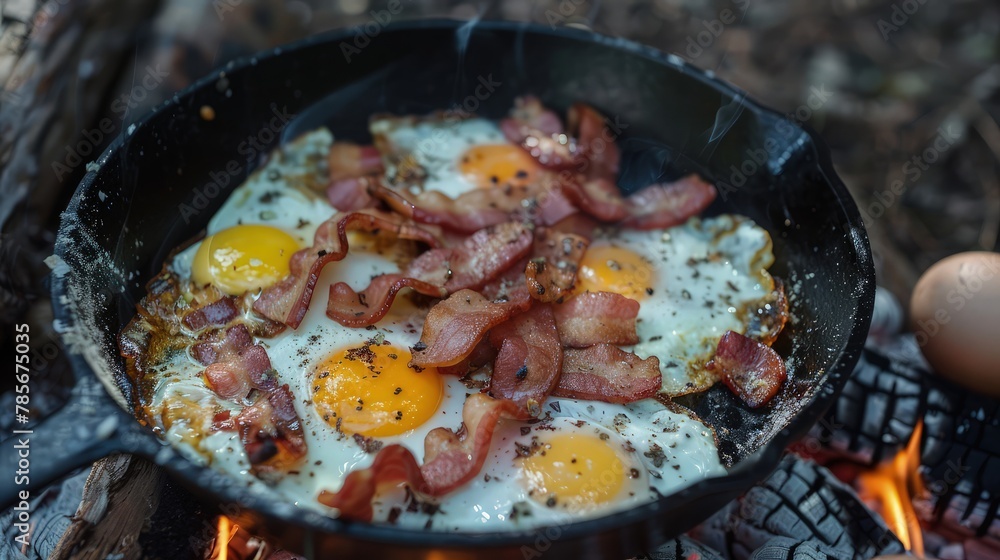 frying pan with meat and delicious egg 