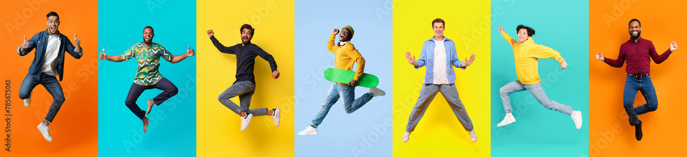 Diverse Men in Mid-Jump Against Multicolored Backgrounds - obrazy, fototapety, plakaty 