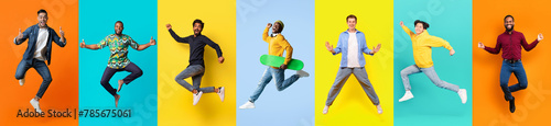 Diverse Men in Mid-Jump Against Multicolored Backgrounds