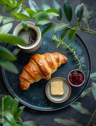 Croissant With Butter and Jams on a Plate