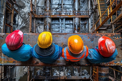 Four workers wearing colorful hard hats sitting in a row at an industrial site, taking a break from work © Dacha AI