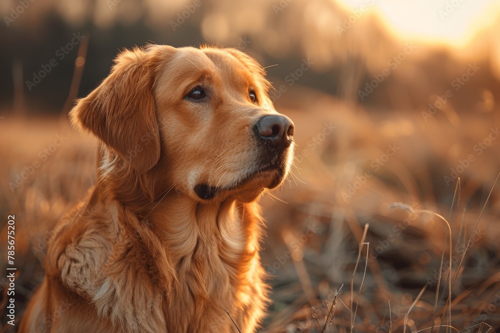 A majestic golden retriever dog looking contemplatively into the sunset in a serene field