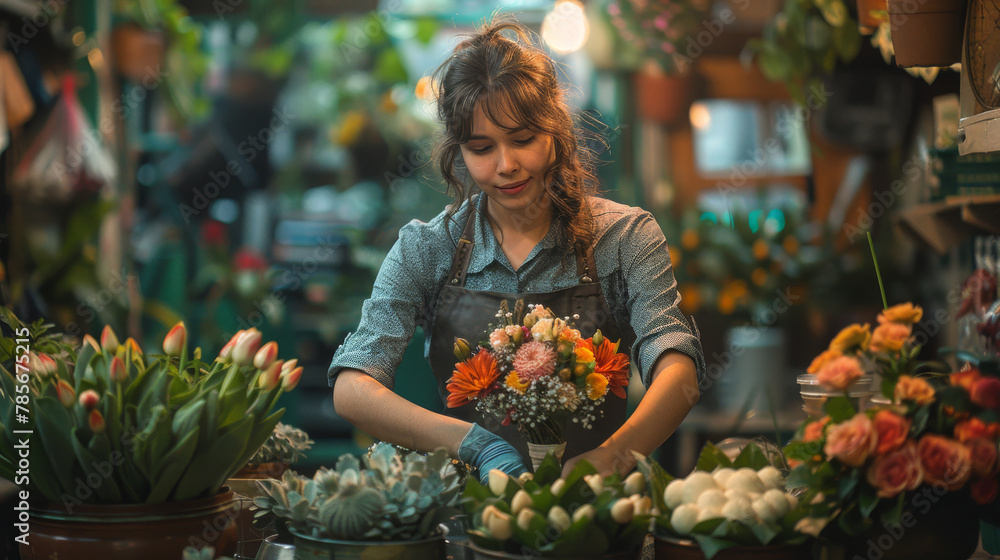Focused florist carefully arranging a vibrant and diverse bouquet in a bustling, well-stocked flower shop.

