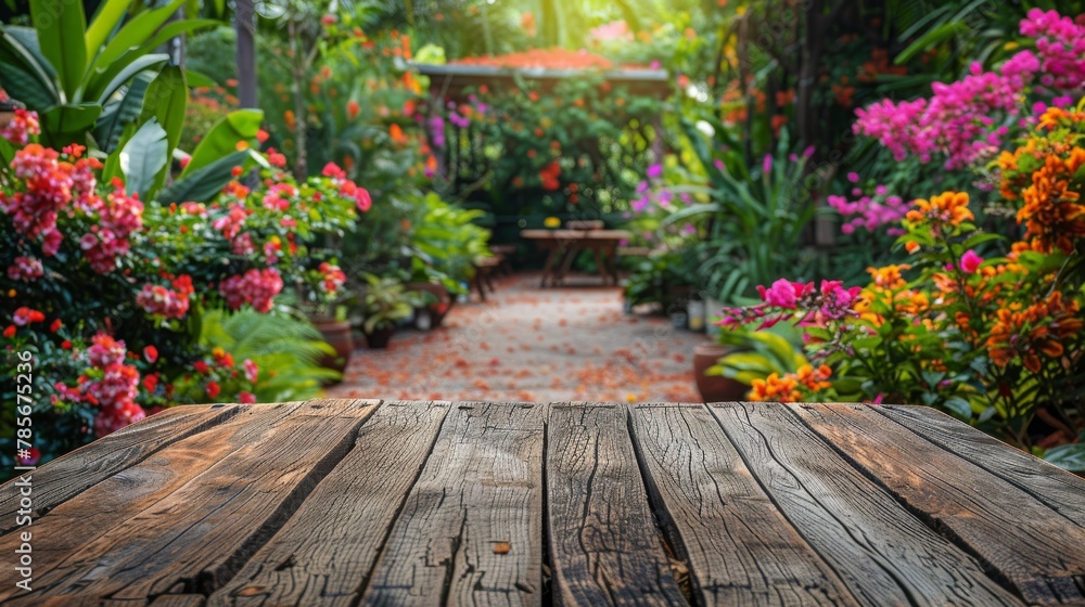 Wooden Table in Garden With Flowers