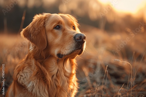 A majestic golden retriever dog looking contemplatively into the sunset in a serene field